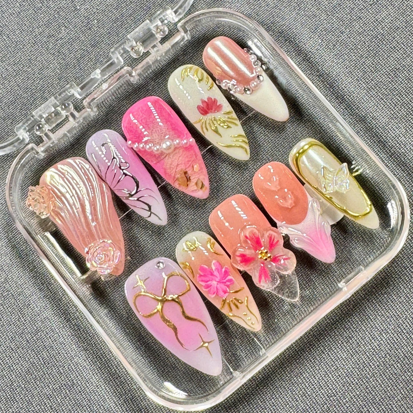 Blooming Grace Press On Nails – Elegant Pink Butterfly Floral Nails with Pearl & Gold Accents | Gift for Her