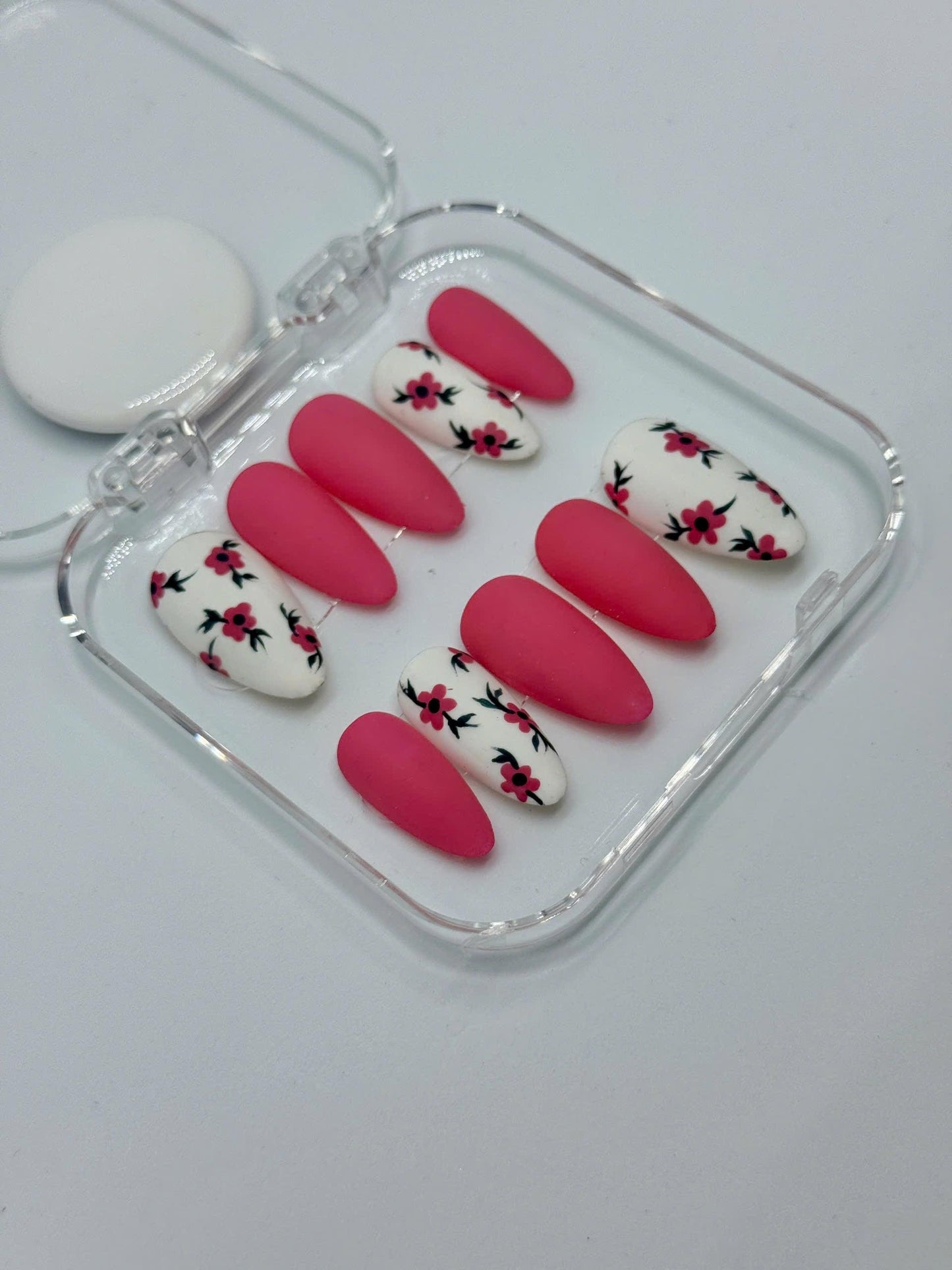 Rosy Blossom Matte Press-On Nails with Pink Solid & White Floral Accents – Perfect for Spring, Everyday Wear, or a Thoughtful Gift for Her
