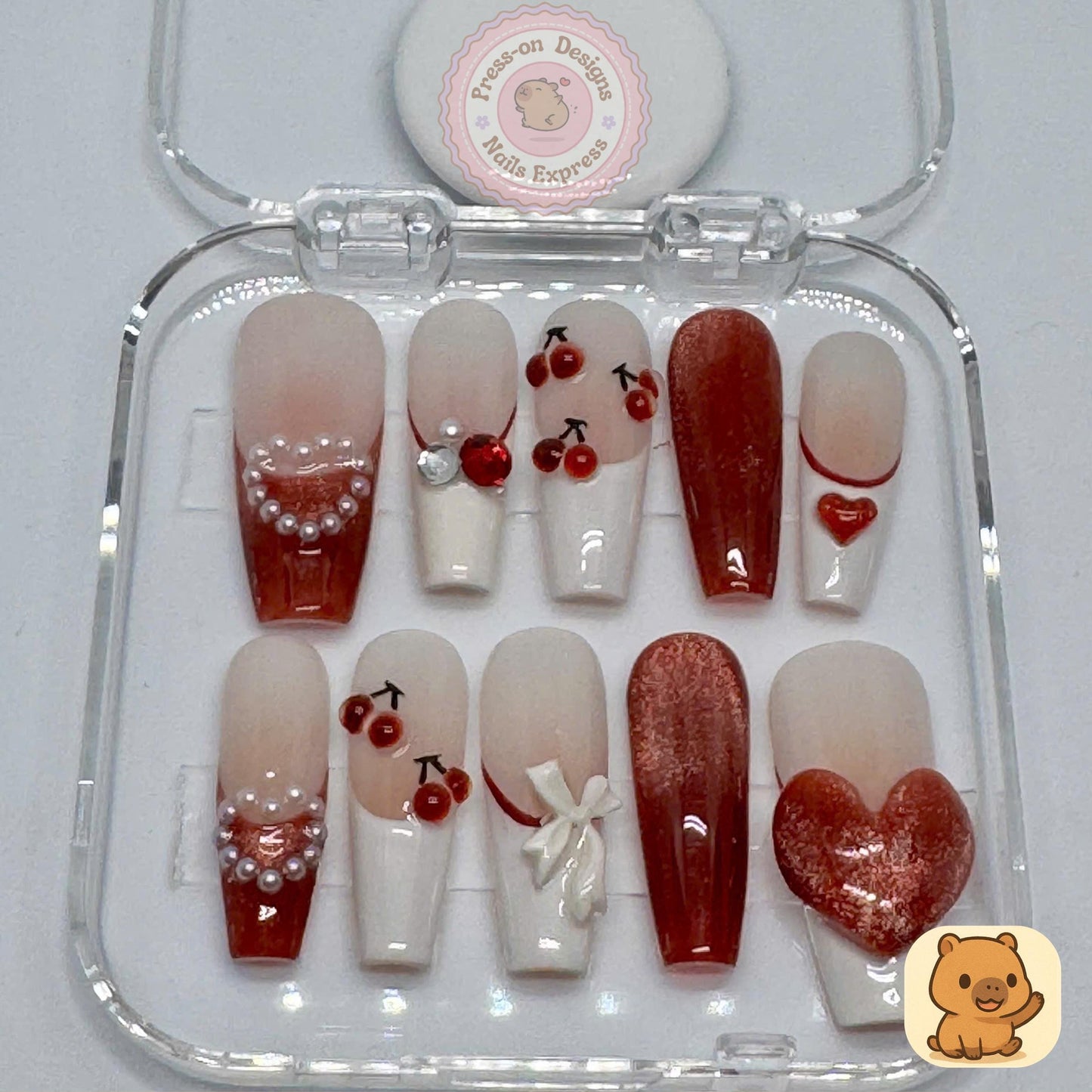 Cherry Sweetheart Press-On Nails – Handmade Valentine Red Nail Set with Pearls, Bows & 3D Heart – Mid Square Gift for Her