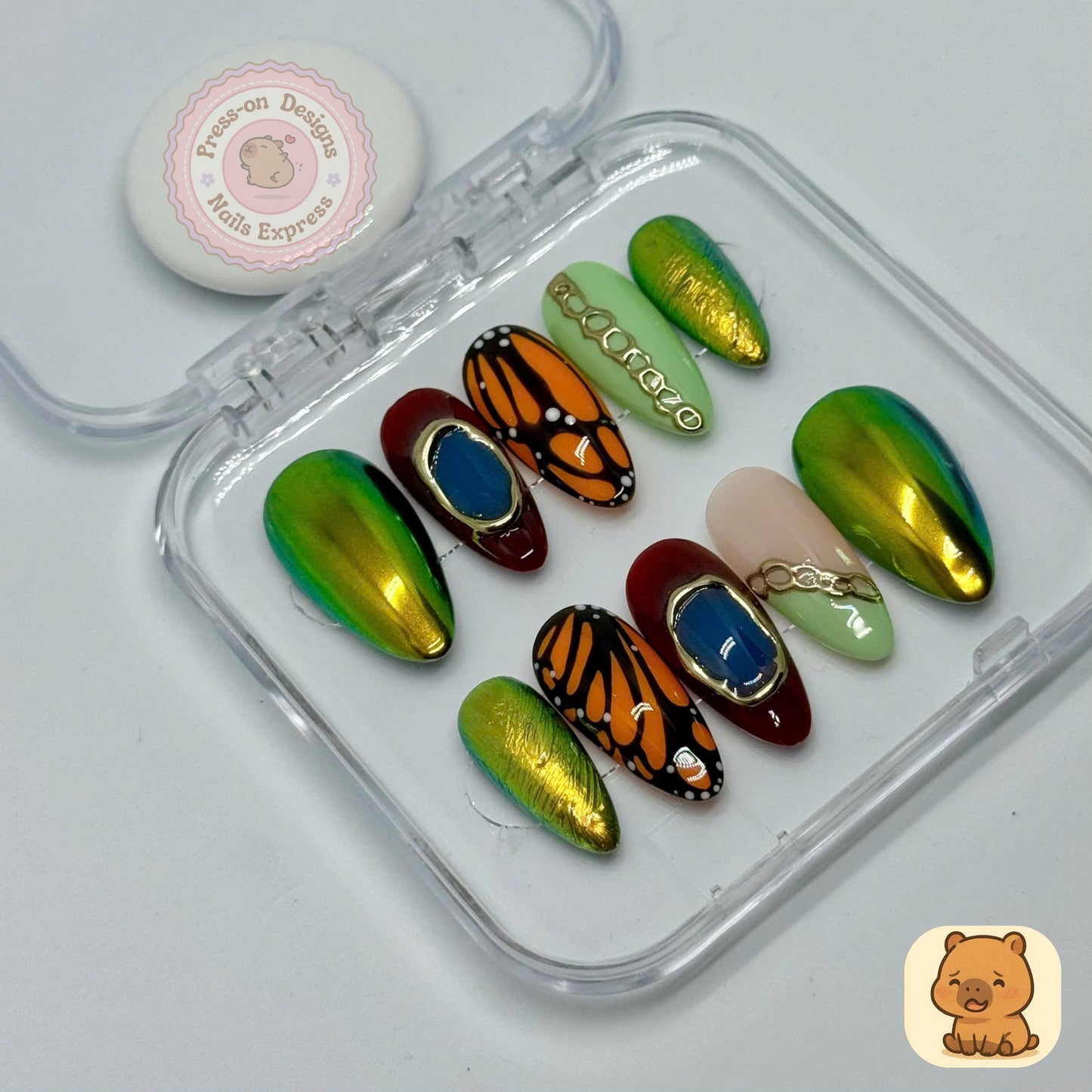 Butterfly Chrome Luxe Press-On Nails – Handmade Long Almond Nail Art with Gold Foil, Green Chrome & Jewel Accents Gift for Her