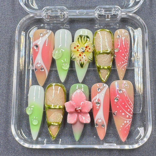 Tropical Paradise Press-On Nails – Colorful Floral Design with Gold Accents – Handmade Summer Nail Set