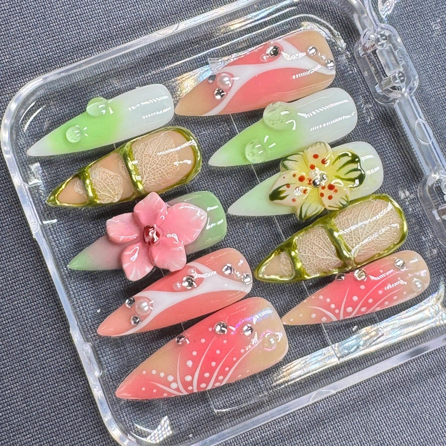 Tropical Paradise Press-On Nails – Colorful Floral Design with Gold Accents – Handmade Summer Nail Set