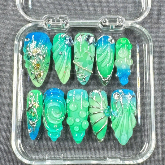 Mystic Forest Press On Nails – Emerald Blue Set with 3D Leaves and Gem Accents | Gift for Her