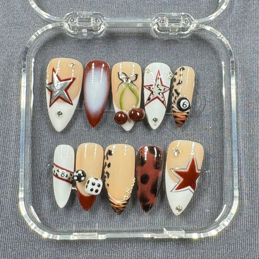 Wild West Vibes Press On Nails – Dice, Stars and Cherry Detail in Western Glam Style | Gift for Her