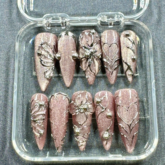 Rose Chrome Press-On Nails – Pink Glitter Base with Silver 3D Flowers Heart Outlines and Metallic Studs | Handmade Nails for Luxe Glam