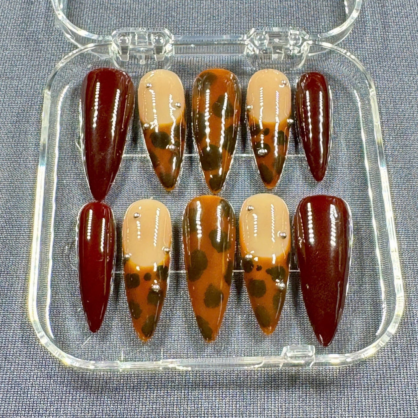 Leopard Spice Press On Nails – Long Almond Nails with Animal Print and Glossy Brown Finish | Gift for Her