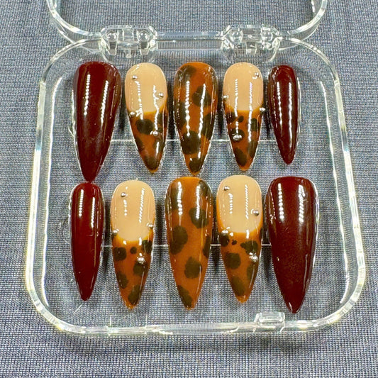 Leopard Spice Press On Nails – Long Almond Nails with Animal Print and Glossy Brown Finish | Gift for Her