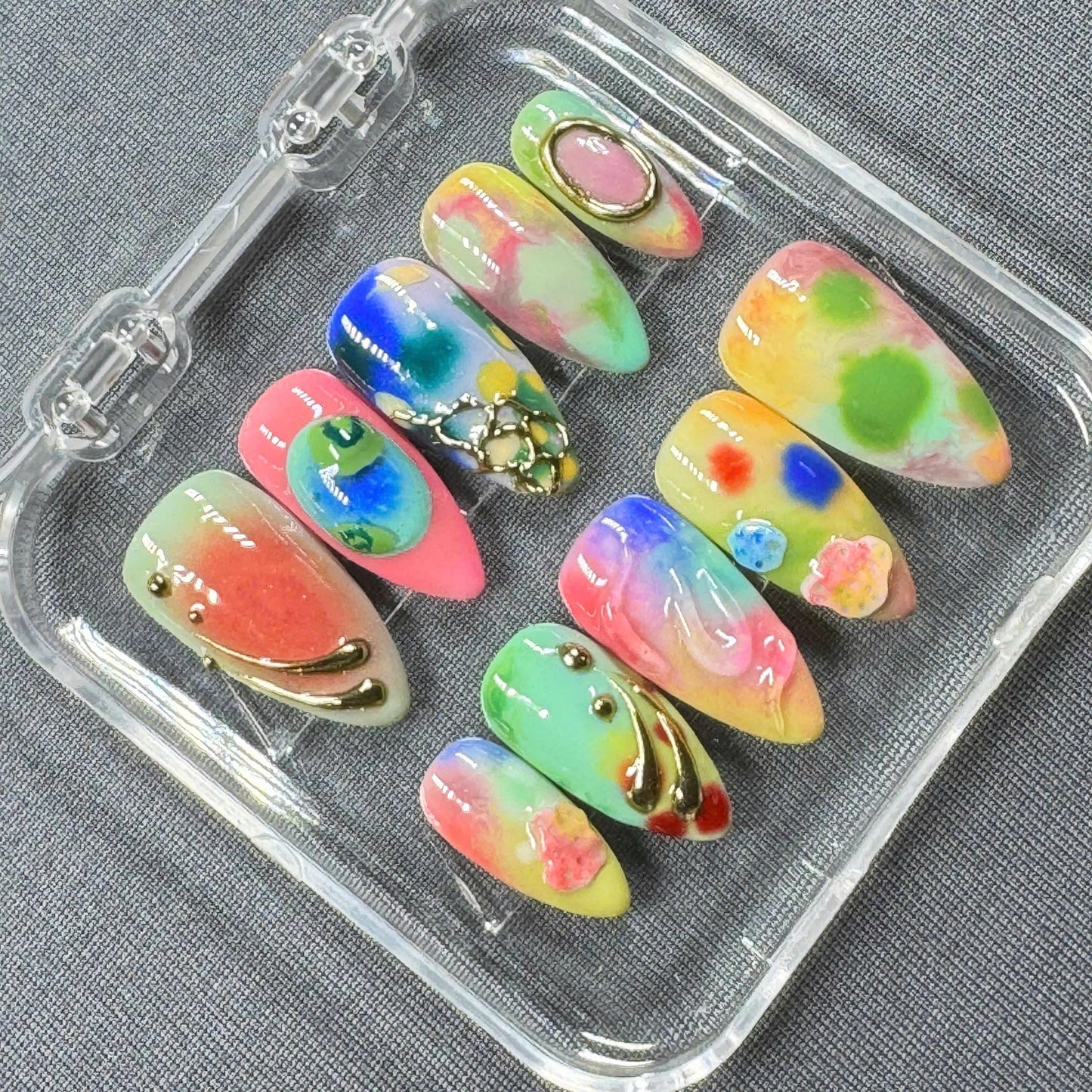 Color Pop Dream Press On Nails – Watercolor Mix & Playful 3D Accents | Gift for Her