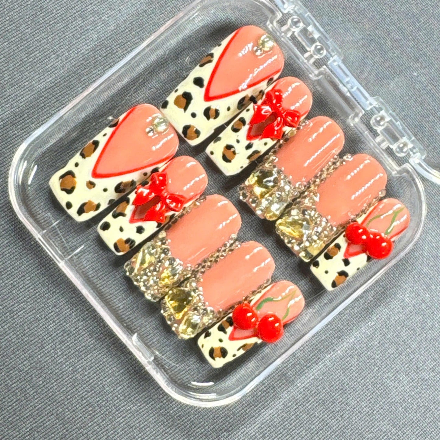 Leopard Press-On Nails – 3D Bows with Animal Print Red Tips and Rhinestone Crystals | Handmade Nails for Wild Cute Glam