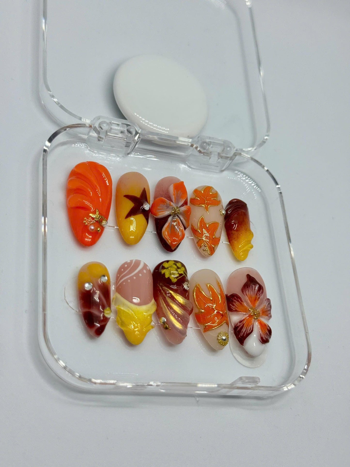 Autumn Blaze Press-On Nails – 3D Floral & Leaf Designs in Orange, Red Gold | Handmade Nails for Fall, Thanksgiving, or Gift for Her