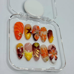 Autumn Blaze Press-On Nails – 3D Floral & Leaf Designs in Orange, Red Gold | Handmade Nails for Fall, Thanksgiving, or Gift for Her