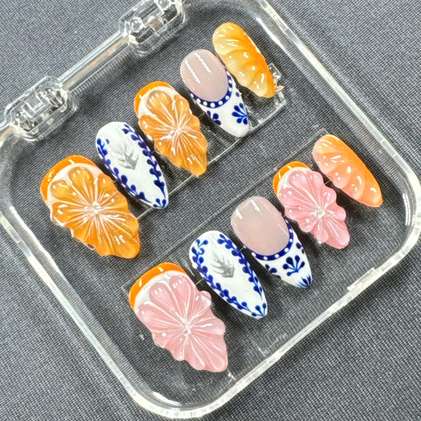 Boho Blossom Press-On Nails – 3D Flowers with Blue n White Porcelain Art + Orange Accents | Handmade Nails for Summer or Gift for Her