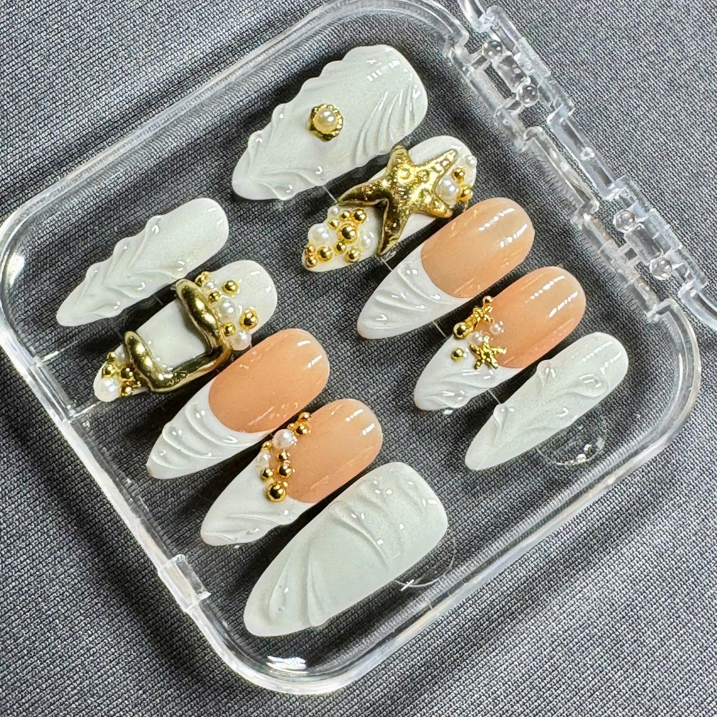Golden Seashore Press-On Nails – Ivory Sculpted Shell Tips with Gold Starfish Charms Pearl Beads and Nude Base | Summer Ocean Nail Art
