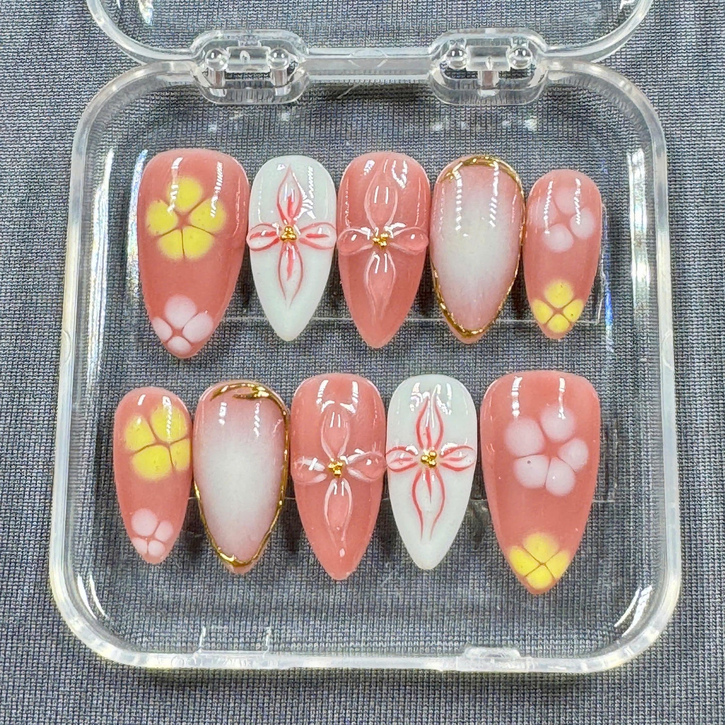 Blush Garden Press On Nails – Soft Coral Pink with Hand-Painted Flowers and Gold Trim | Gift for Her