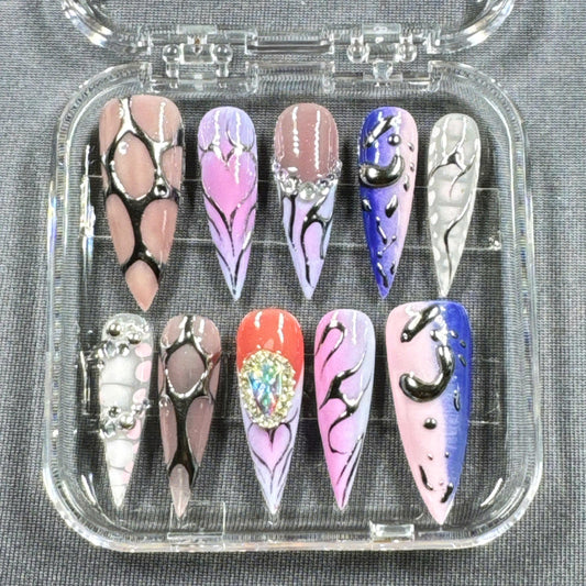Galaxy Drip Press-On Nails – 3D Chrome, Abstract Art & Rhinestones | Handmade Nails for Bold Glam Looks
