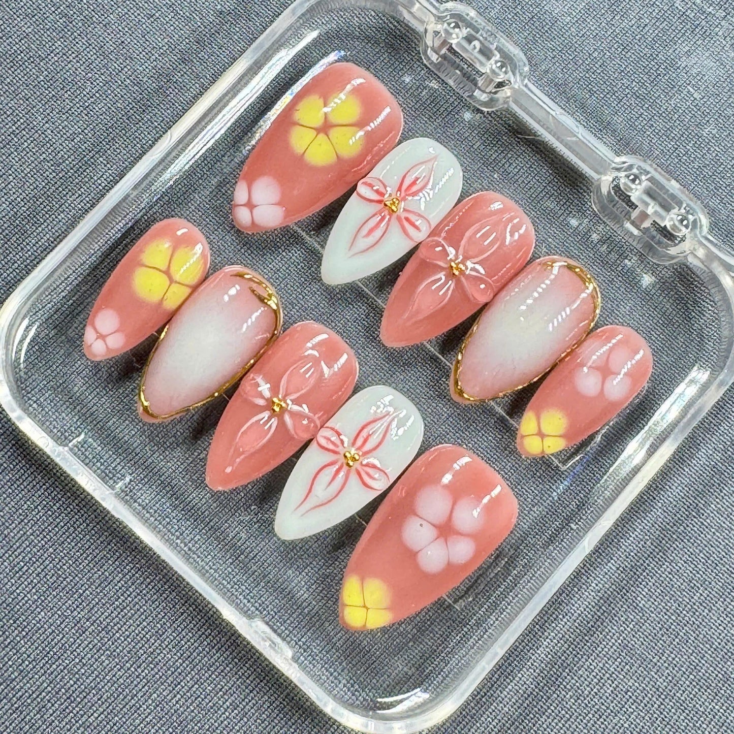 Blush Garden Press On Nails – Soft Coral Pink with Hand-Painted Flowers and Gold Trim | Gift for Her