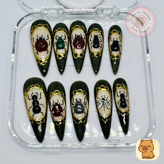 Gothic Insectarium Press-On Nails – 3D Bug & Beetle Nail Art with Gold Frame Detail – Handmade Dark Green Vintage Science Set
