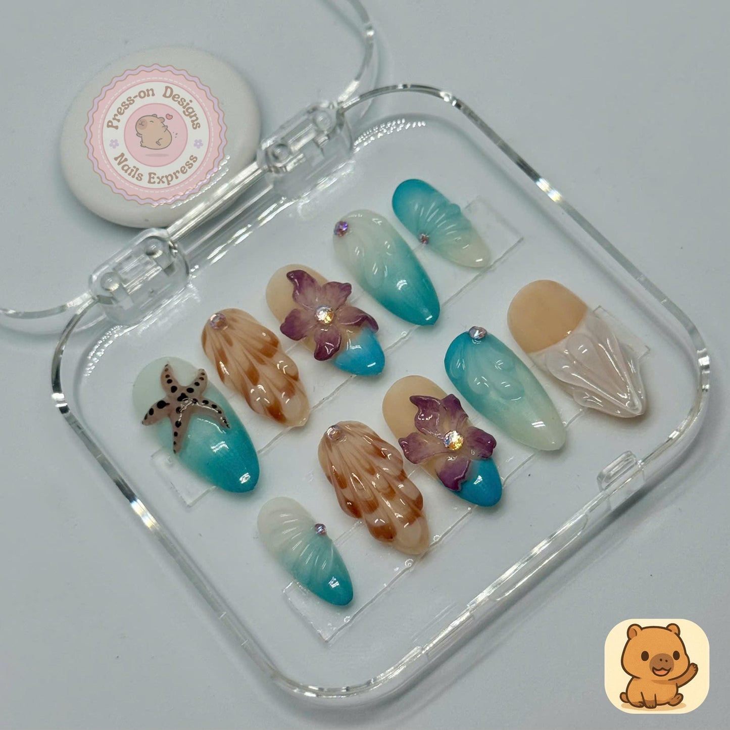 Tropical Shoreline Press-On Nails – 3D Beach Nail Art with Starfish, Shells & Flowers – Handmade Ocean-Inspired Summer Set