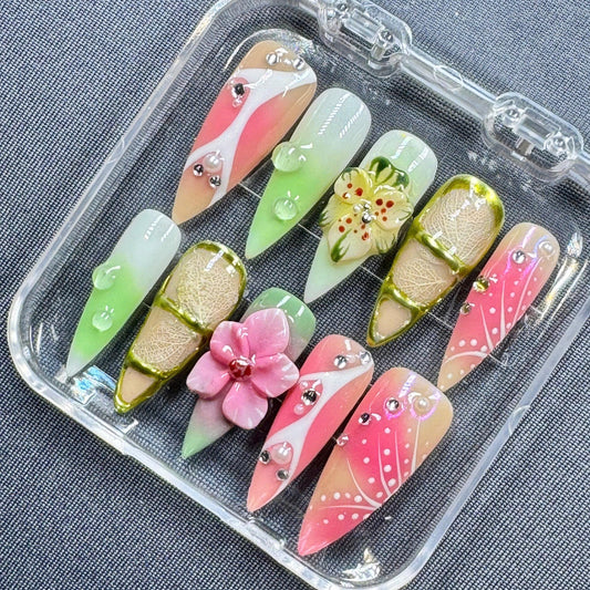 Rainbow Butterfly Press-On Nails – Artistic Gel Nail Art with 3D Butterfly Design – Handmade Multicolor Set