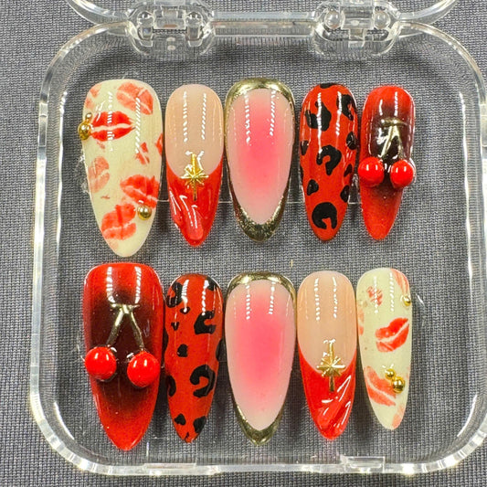 Cherry Kiss Wild Press On Nails – Lip Art & 3D Cherries | Gift for Her