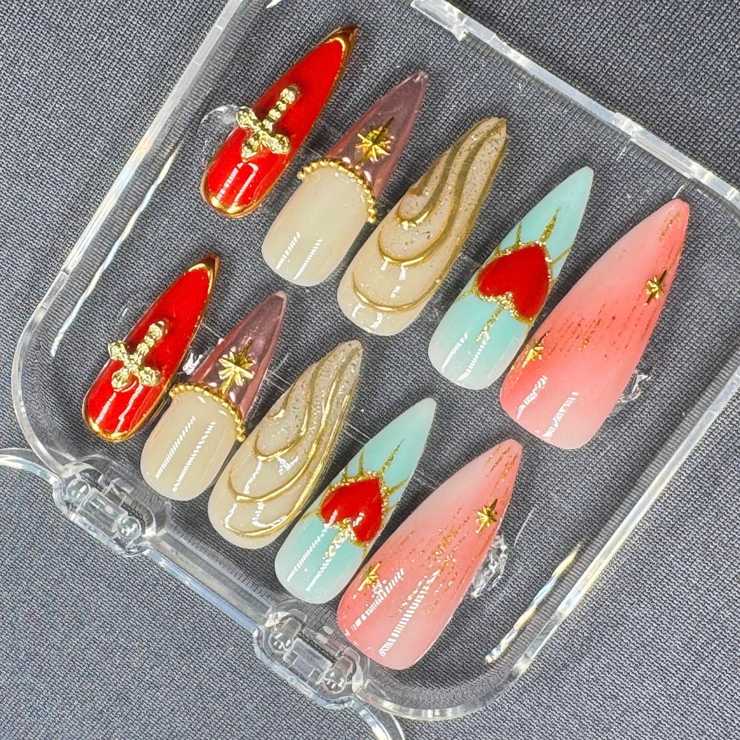Elegant Marble Press-On Nails – Trendy Neutral Tones with Gold Flecks – Handmade Nail Art Set