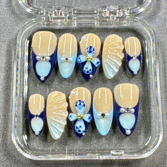 Sky Petal Press On Nails – Nude Blue French Design with 3D Butterfly and Shell Accents | Gift for Her