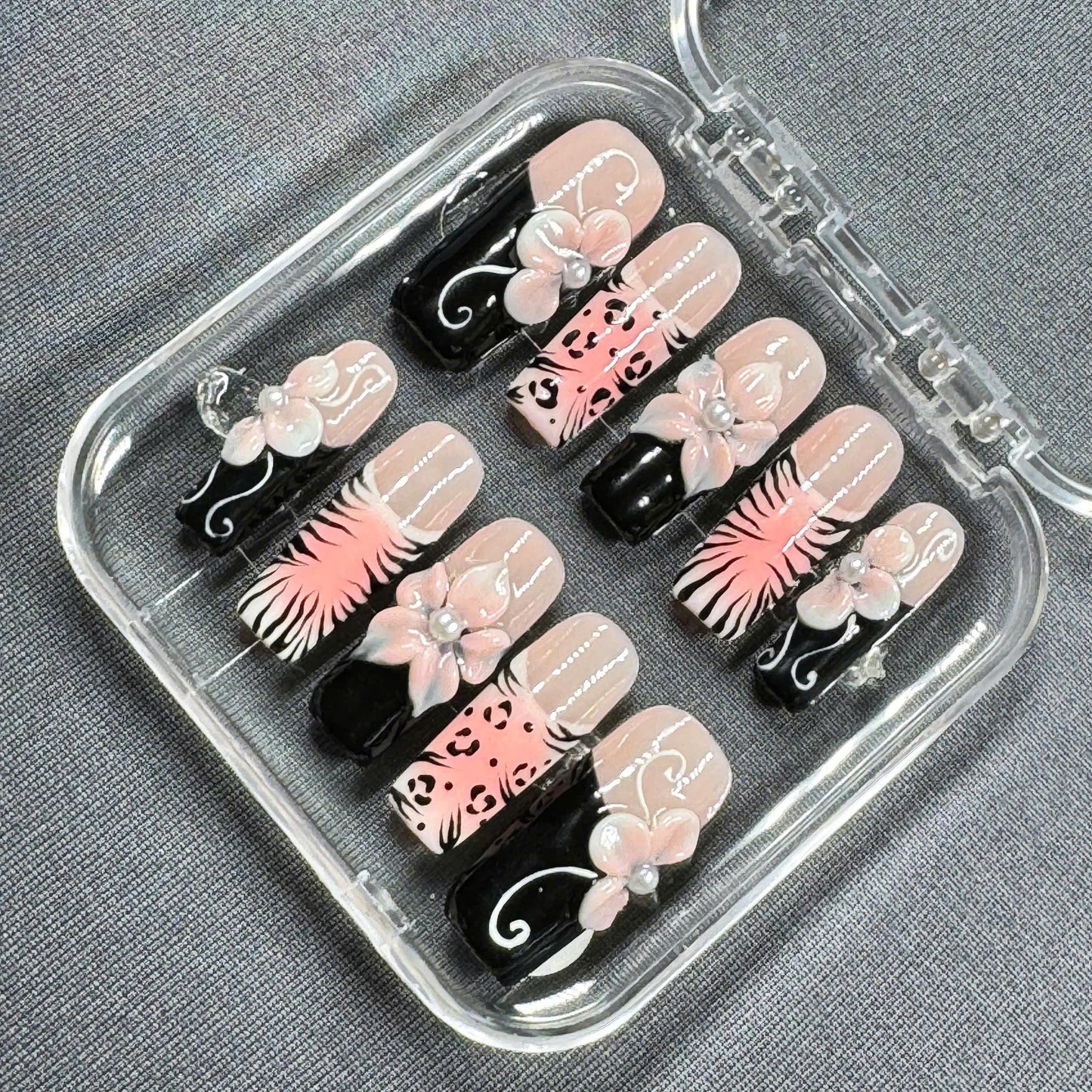 Blush Safari Bloom Press On Nails – Nude Black Mix with 3D Flowers & Animal Print | Gift for Her
