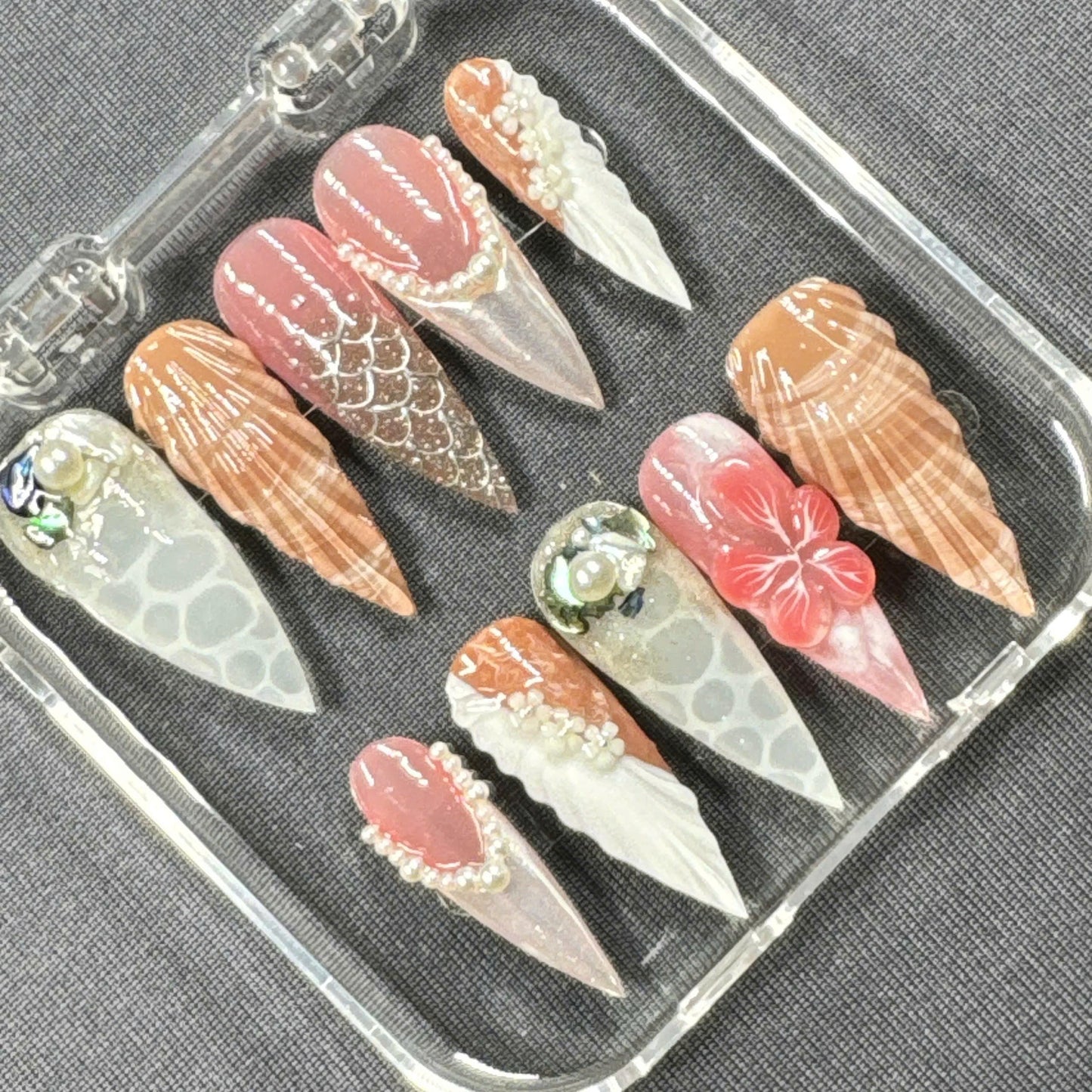 Ocean Pearl Fantasy Press On Nails – Seashell Sculpt, Mermaid Scales & 3D Floral Accents | Gift for Her