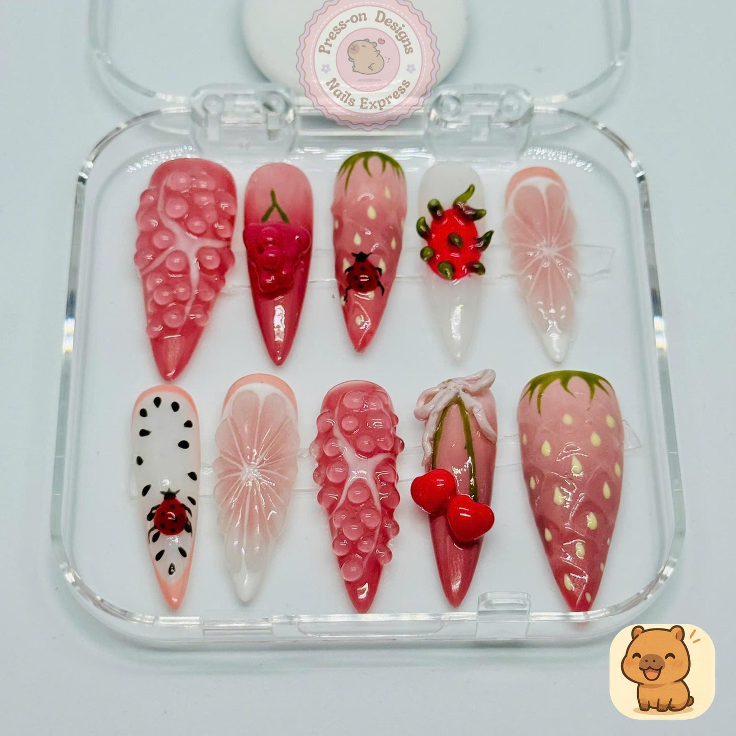 Berry Bliss Press-On Nails – 3D Fruit Nail Art with Strawberries, Cherries & Citrus – Handmade Summer Pink Nail Set