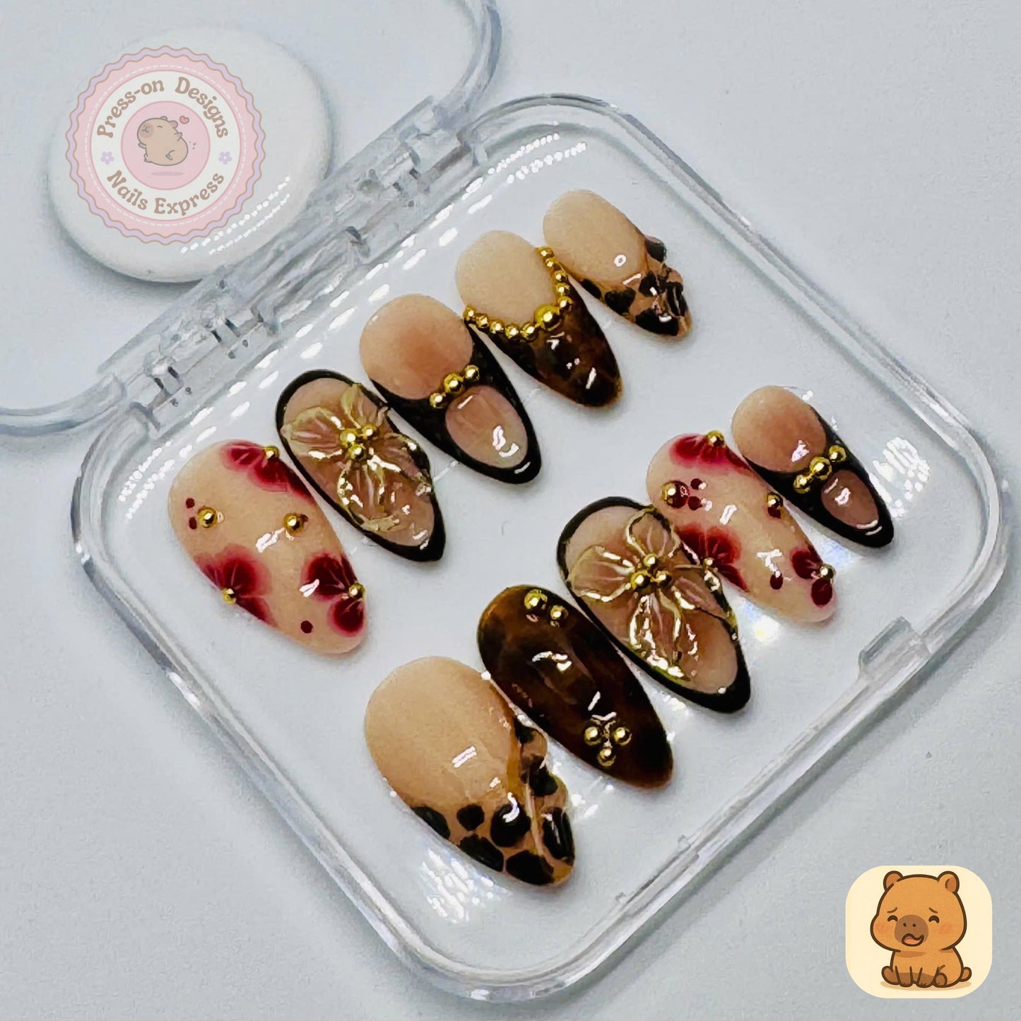 Nude Bloom Luxe Press-On Nails – Handmade Almond Set with Leopard Print, 3D Floral Bows & Gold Beads – Elegant Neutral Nail Art Gift for Her