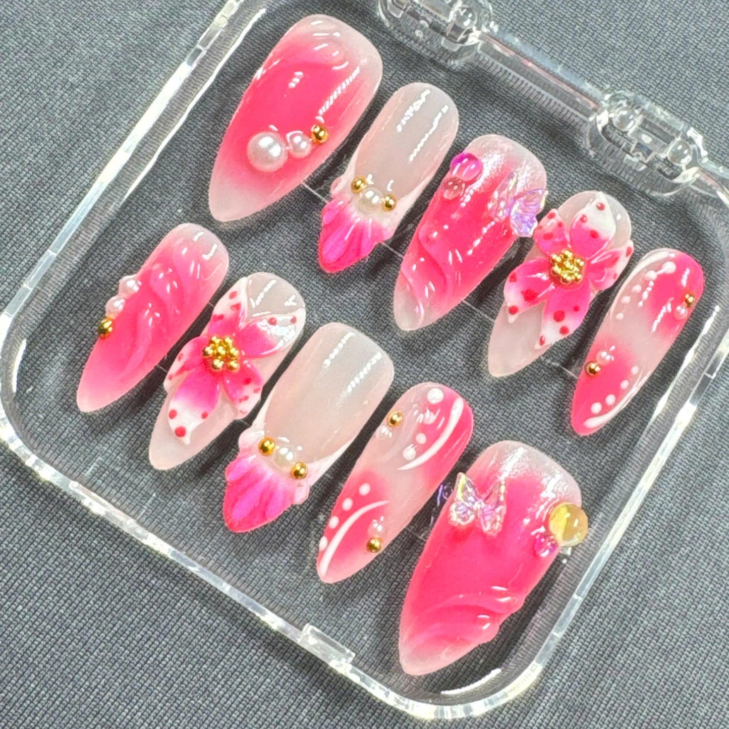 Pink Fantasy Press-On Nails – 3D Flowers with Pearls Gold Beads and Butterfly Accents | Handmade Nails for Girly Glam or Summer Events
