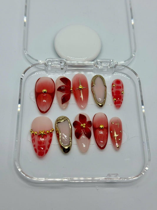 Cherry Bloom Press-On Nails with Pink Ombre, 3D Red Flowers, Gold Charms & Glossy Finish | Perfect for Date Night, Gifts | Summer Style