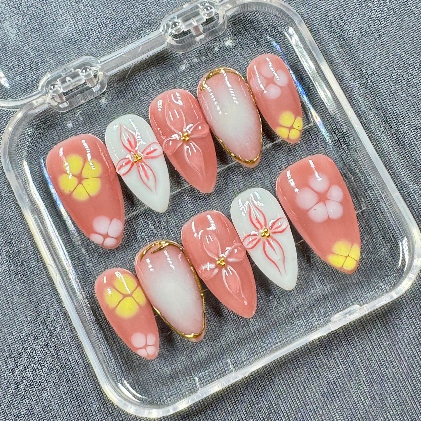 Blush Garden Press On Nails – Soft Coral Pink with Hand-Painted Flowers and Gold Trim | Gift for Her
