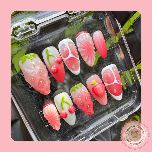 Nail Box || Berry Cute Press-On Nails with 3D Strawberry Cherry Designs – Perfect for Summer, Gifts & Kawaii Nail Lovers