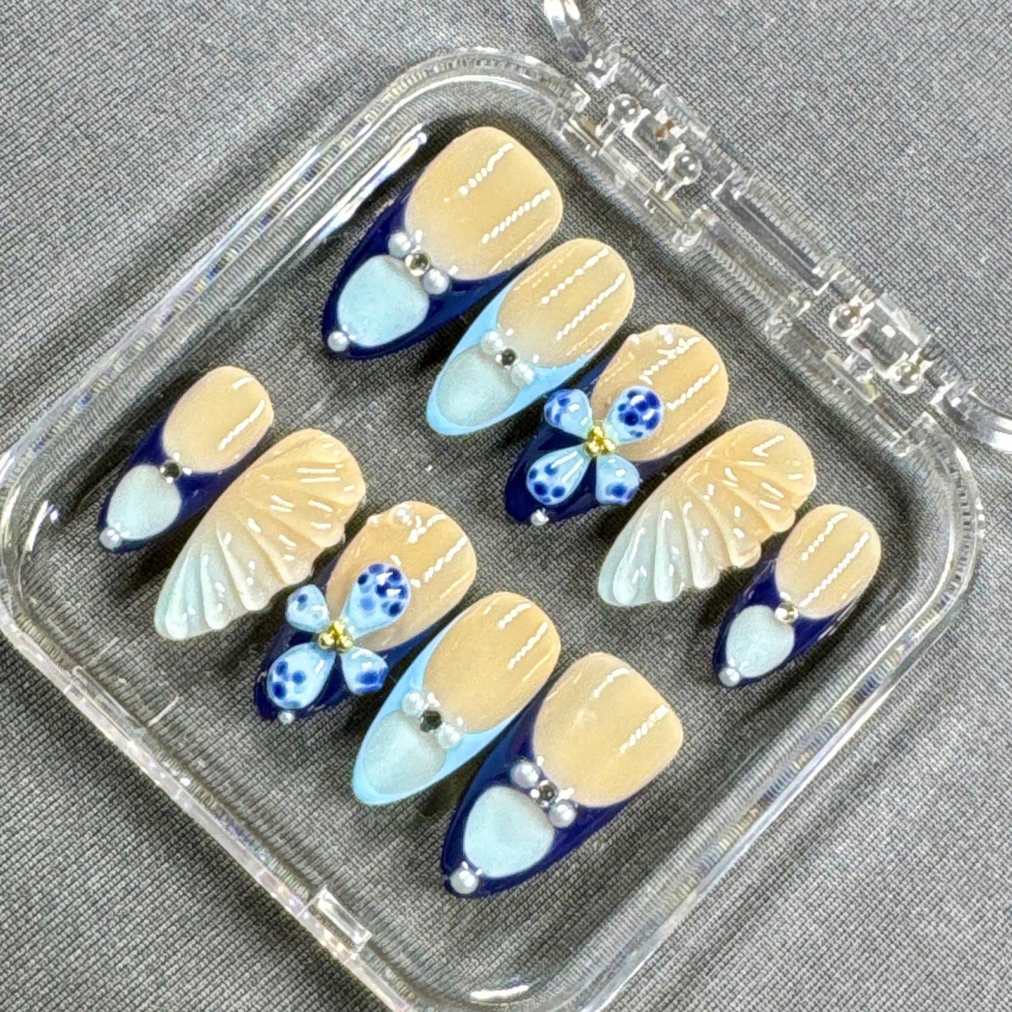 Sky Petal Press On Nails – Nude Blue French Design with 3D Butterfly and Shell Accents | Gift for Her