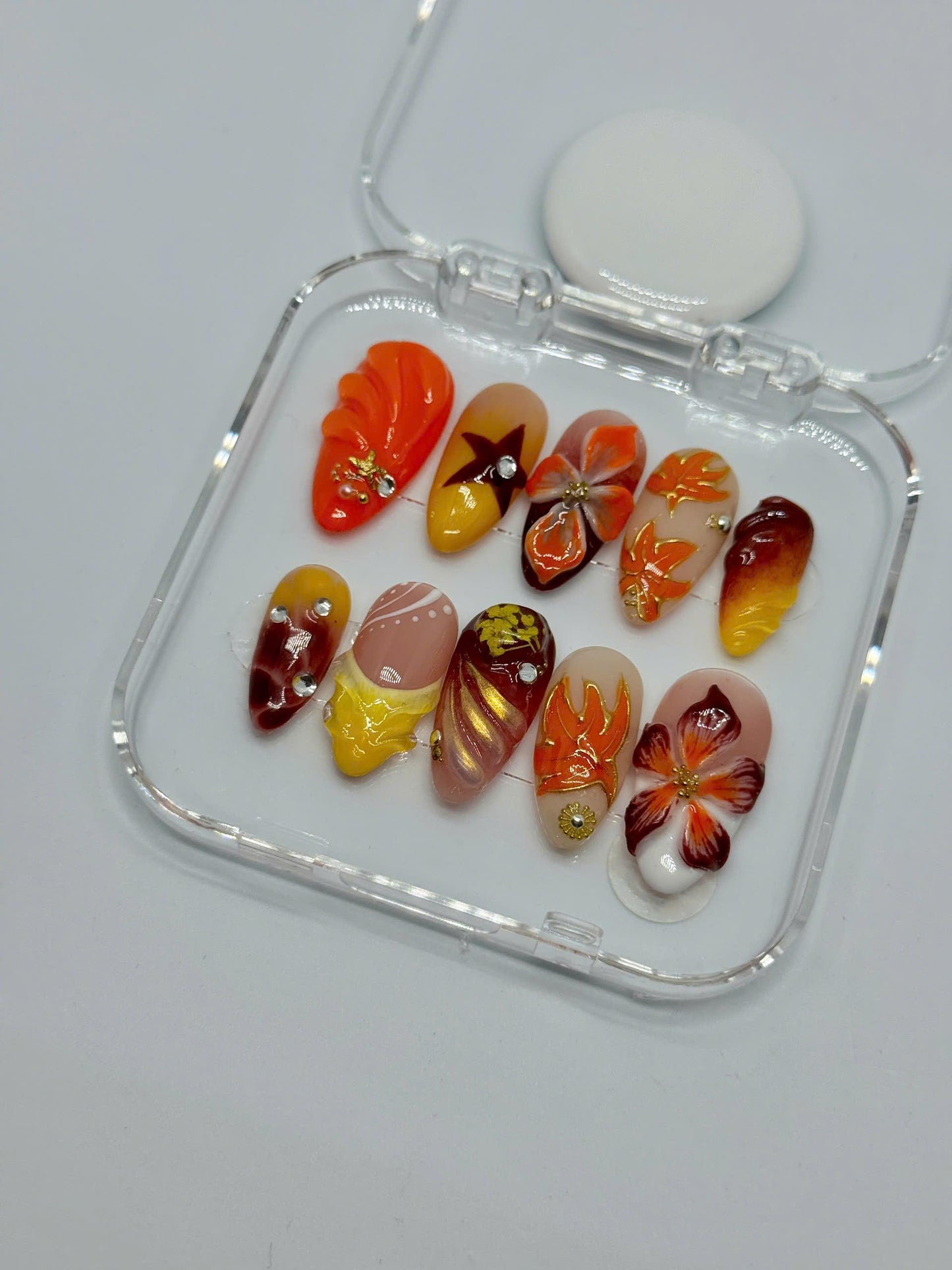 Autumn Blaze Press-On Nails – 3D Floral & Leaf Designs in Orange, Red Gold | Handmade Nails for Fall, Thanksgiving, or Gift for Her