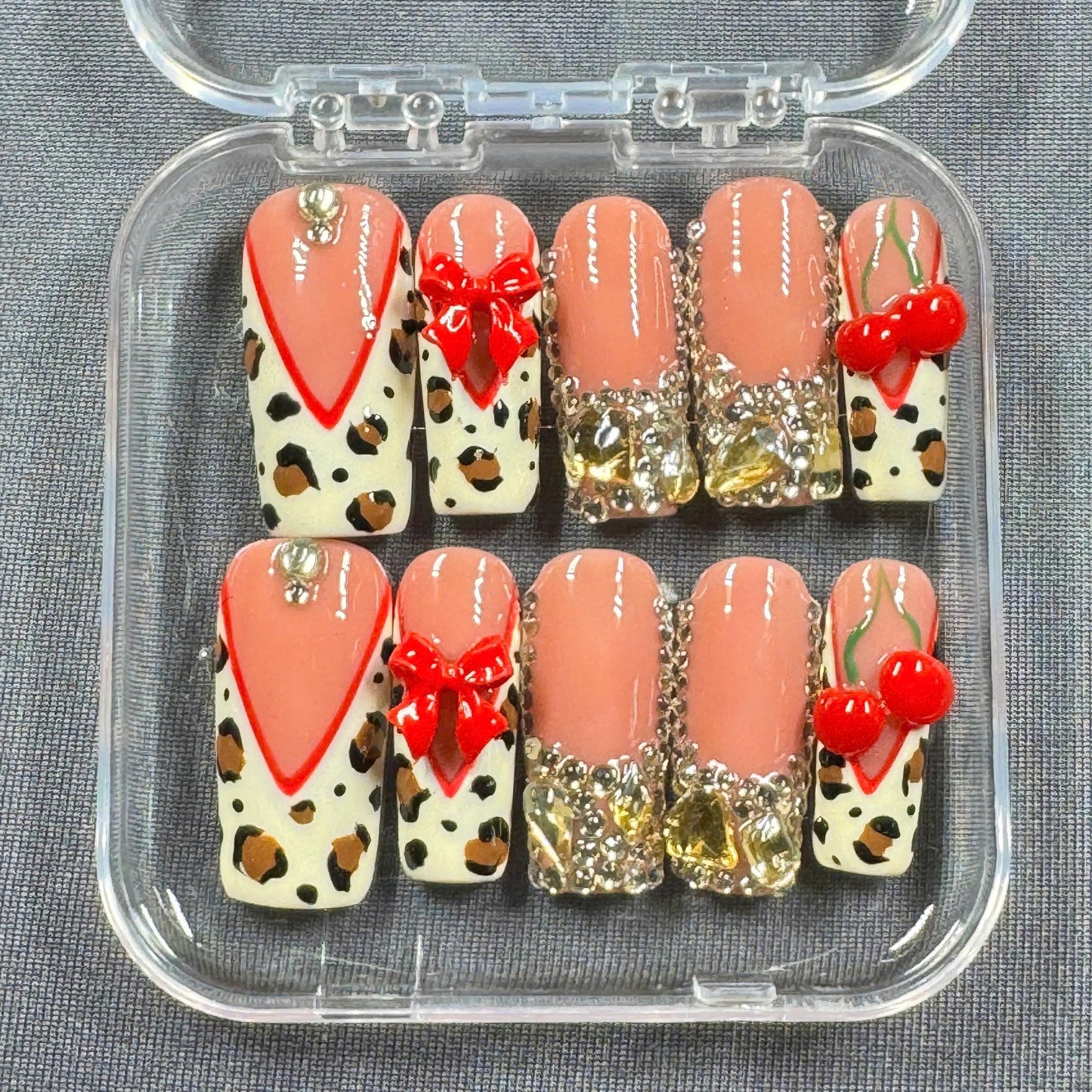 Leopard Press-On Nails – 3D Bows with Animal Print Red Tips and Rhinestone Crystals | Handmade Nails for Wild Cute Glam