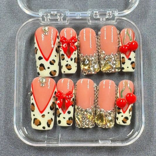 Leopard Press-On Nails – 3D Bows with Animal Print Red Tips and Rhinestone Crystals | Handmade Nails for Wild Cute Glam