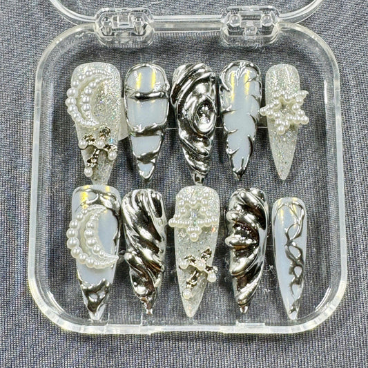 Lunar Luxe Press On Nails – Silver Chrome with Pearls and Holographic Glitter | Gift for Her