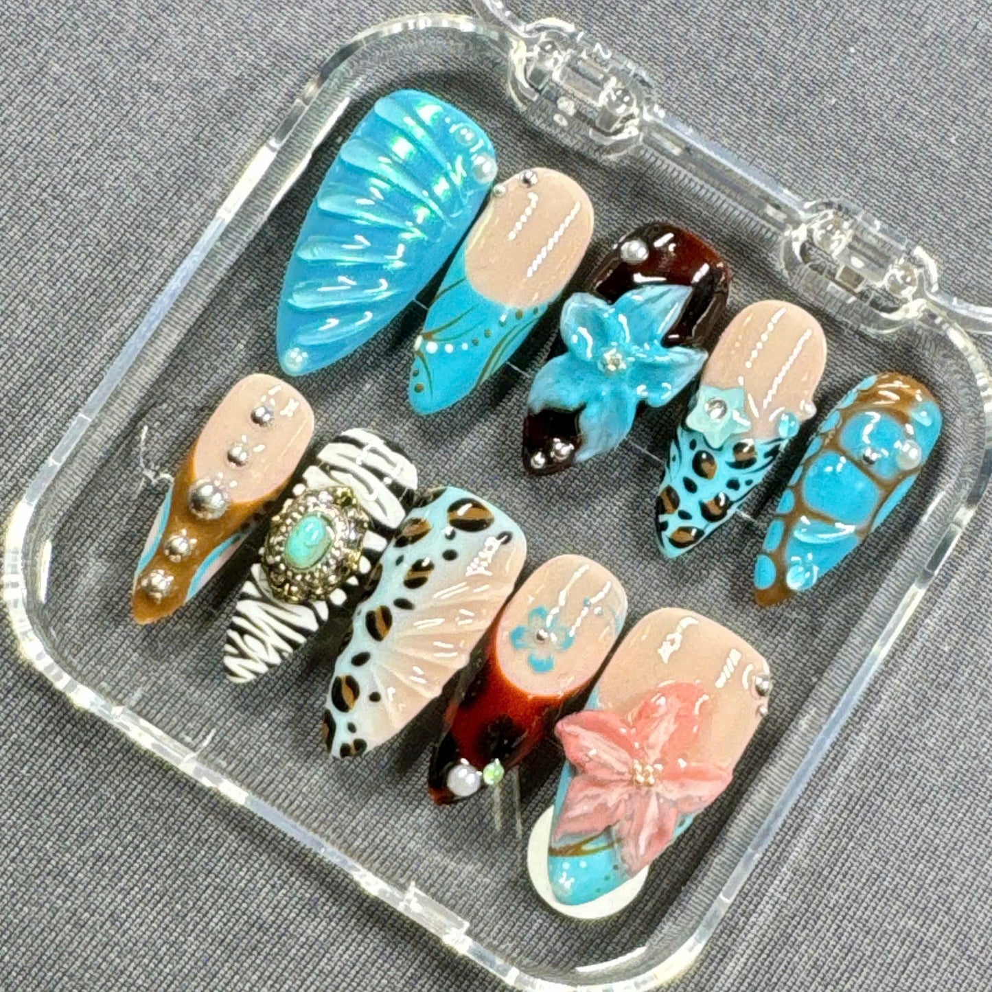 Boho Safari Press On Nails – Turquoise Blue 3D Floral Nails with Leopard, Zebra & Tribal Accents | Gift for Her