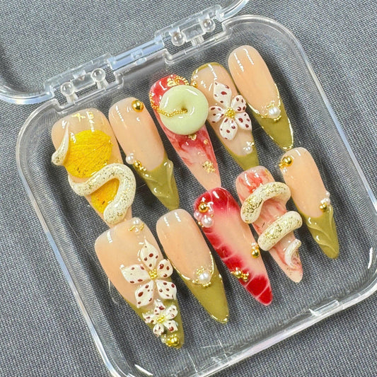 Golden Garden Press On Nails – Olive Green French, 3D Flowers & Sculpted Charms | Gift for Her