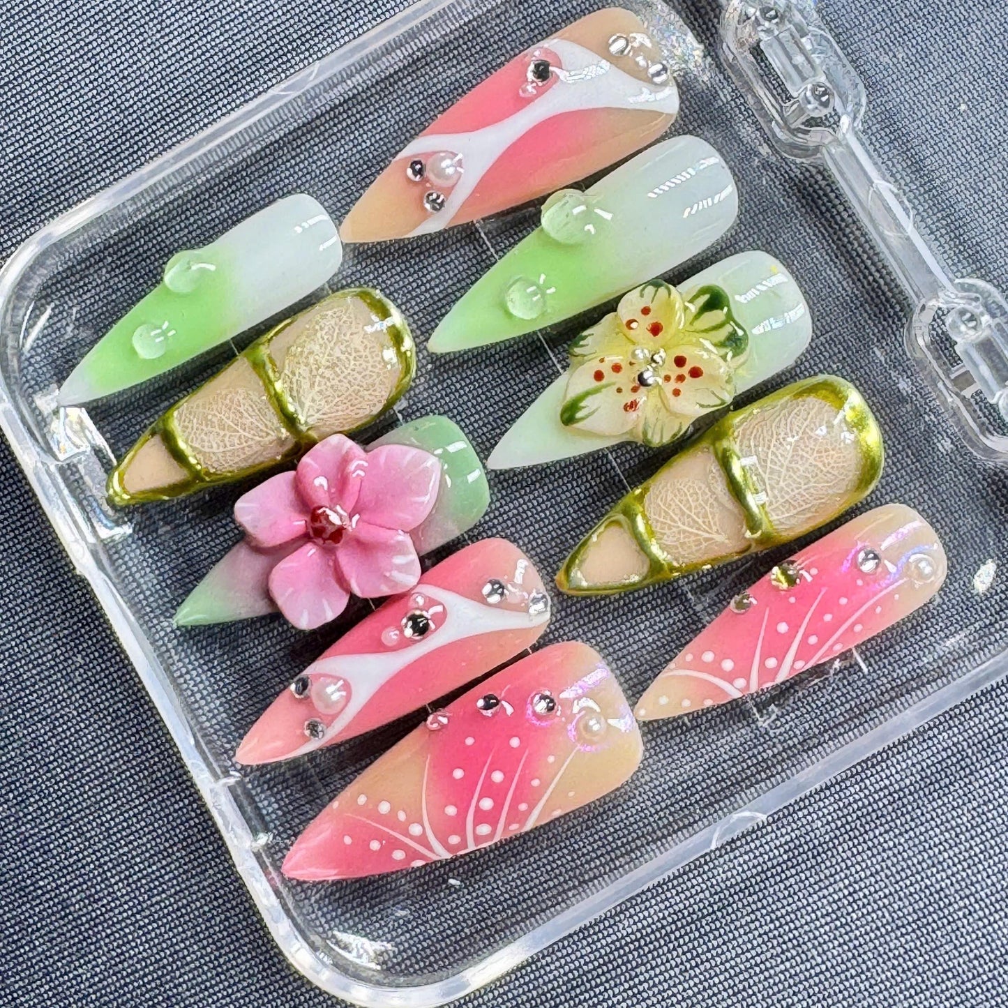 Rainbow Butterfly Press-On Nails – Artistic Gel Nail Art with 3D Butterfly Design – Handmade Multicolor Set