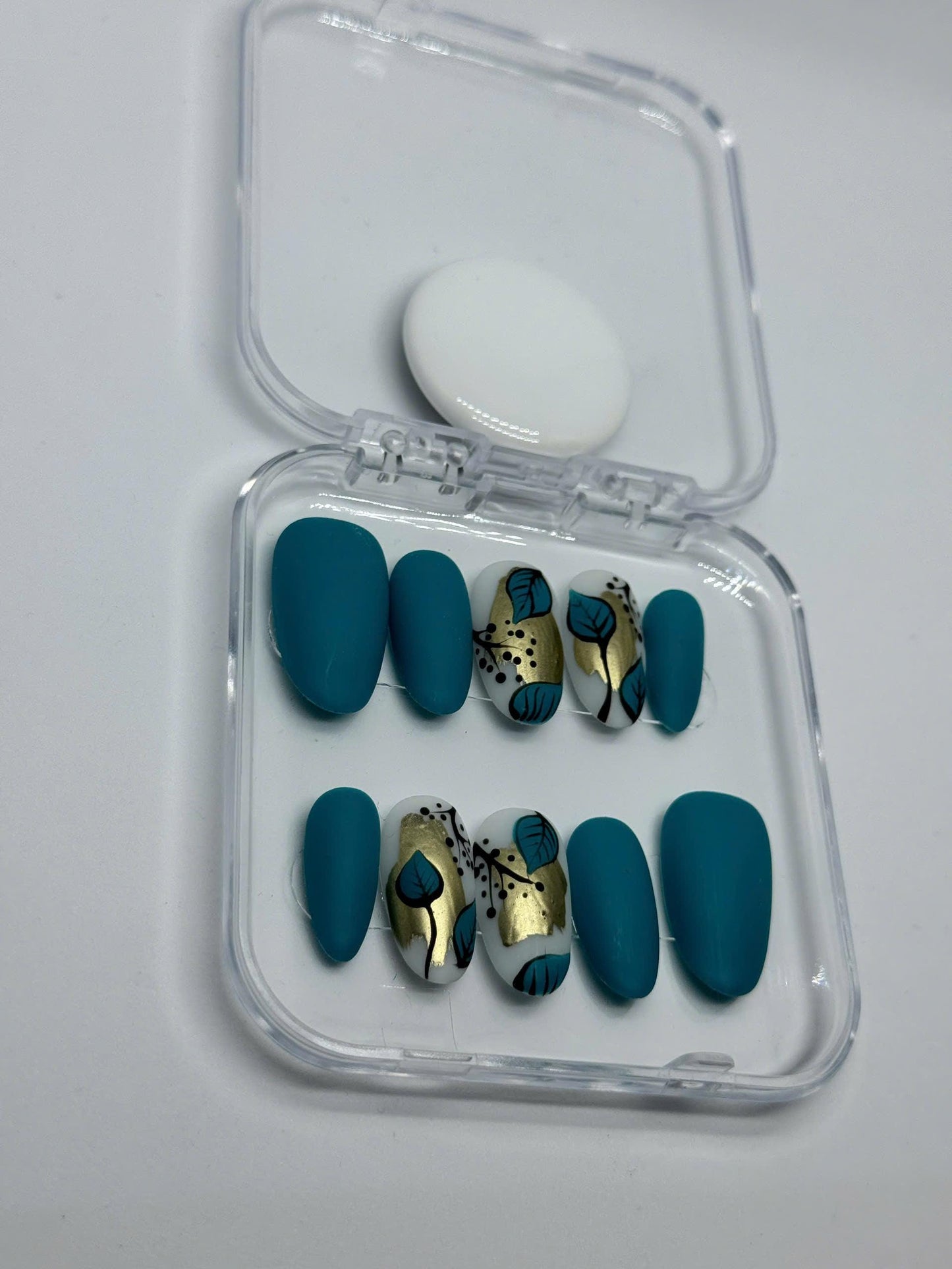 Teal Matte Press-On Nails – Hand-Painted Gold Leaf Accent Design | Modern Minimalist Handmade Nails for Fall, Events, or Gift for Her