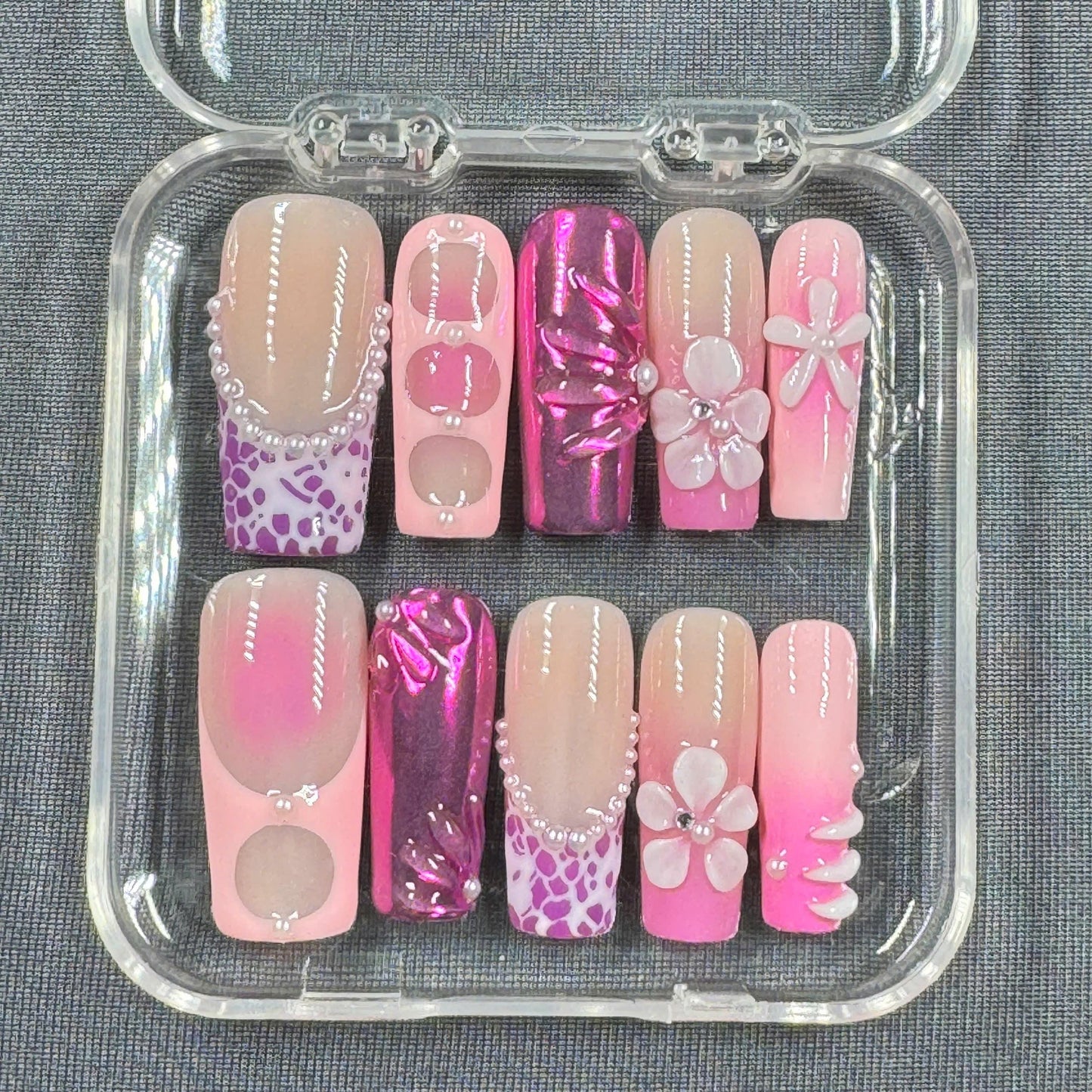 Pink Power Play Press On Nails – Hot Pink Chrome, Leopard Accent & 3D Blossoms | Gift for Her