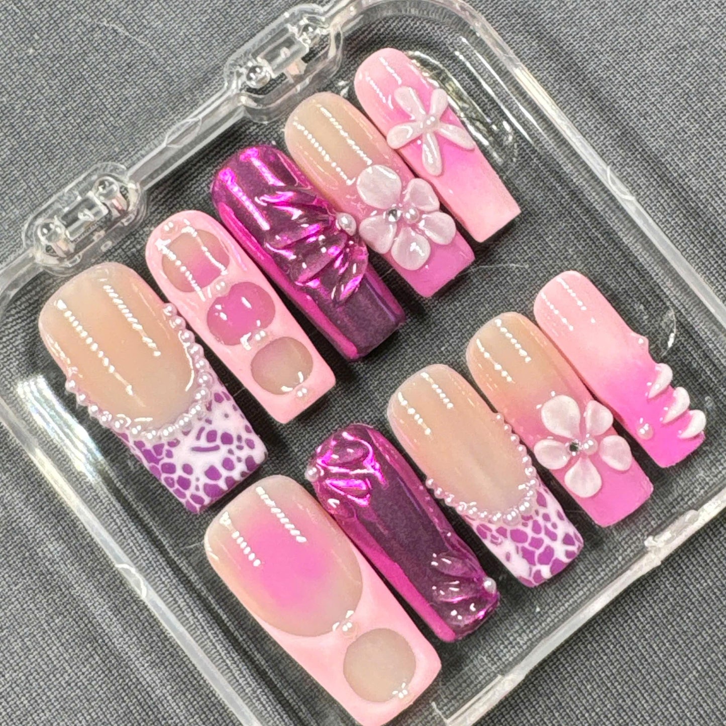 Pink Power Play Press On Nails – Hot Pink Chrome, Leopard Accent & 3D Blossoms | Gift for Her