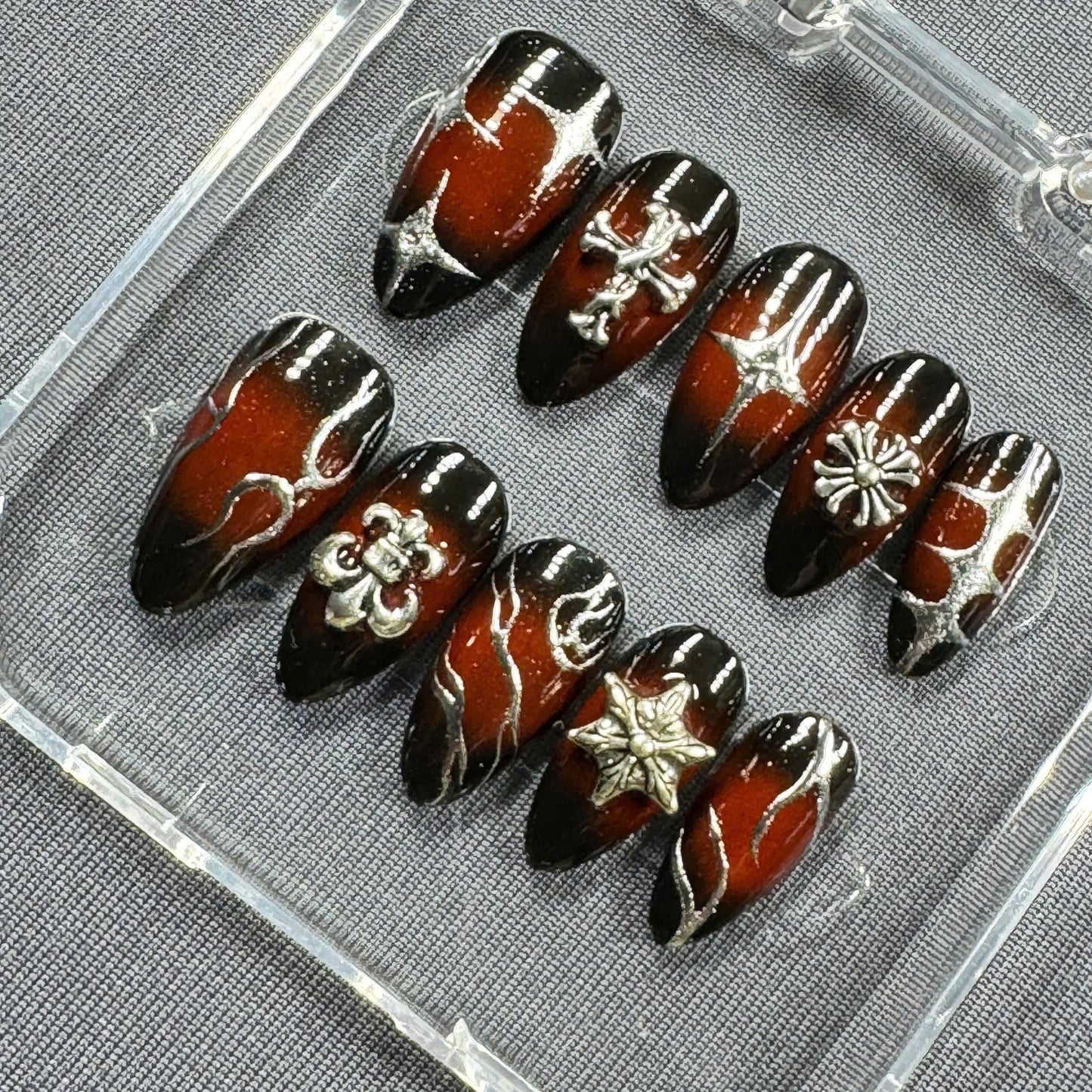 Midnight Flame Press On Nails – Gothic Red with Chrome Charms and Silver Flames | Gift for Her