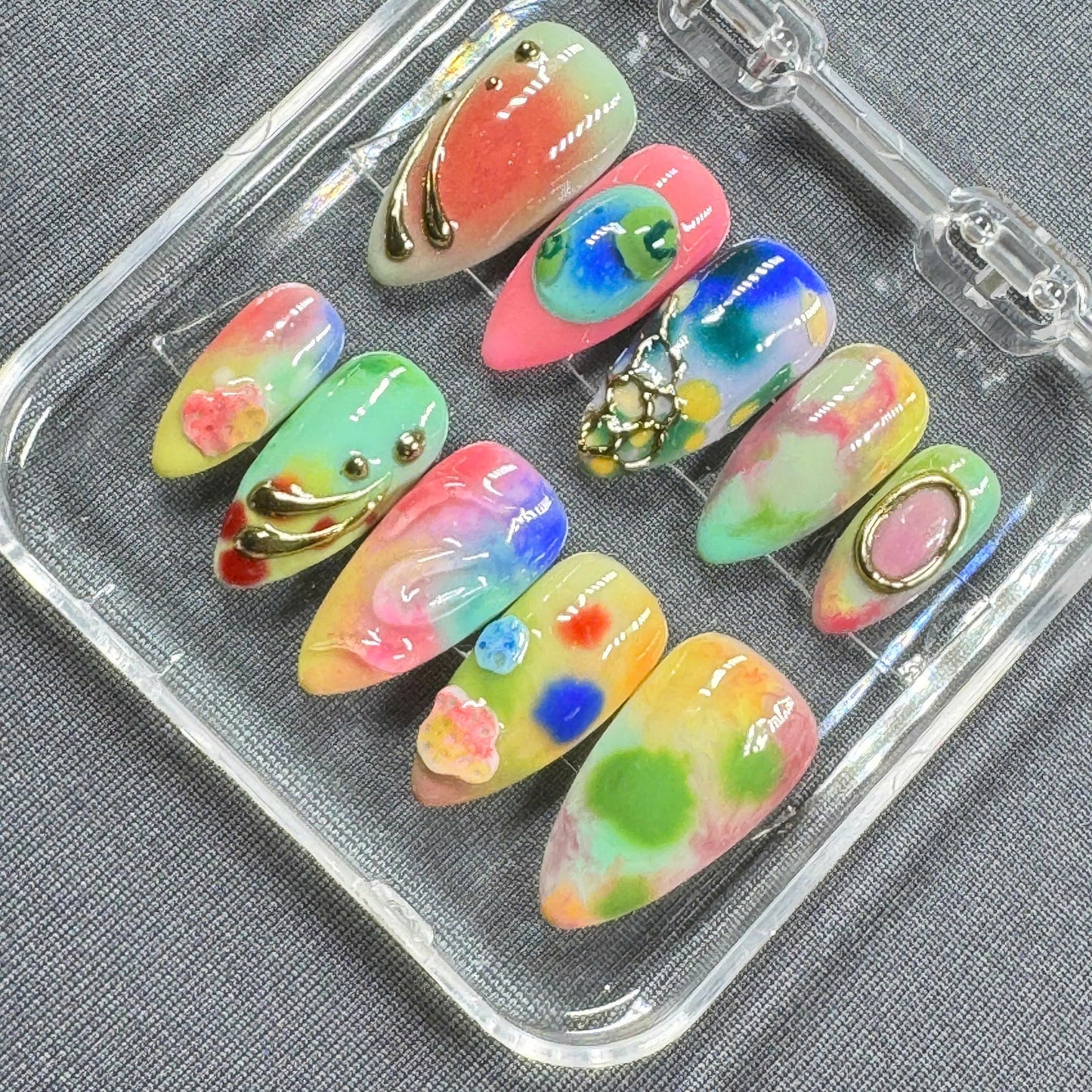 Color Pop Dream Press On Nails – Watercolor Mix & Playful 3D Accents | Gift for Her