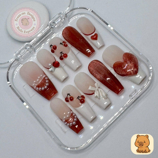 Cherry Sweetheart Press-On Nails – Handmade Valentine Red Nail Set with Pearls, Bows & 3D Heart – Mid Square Gift for Her