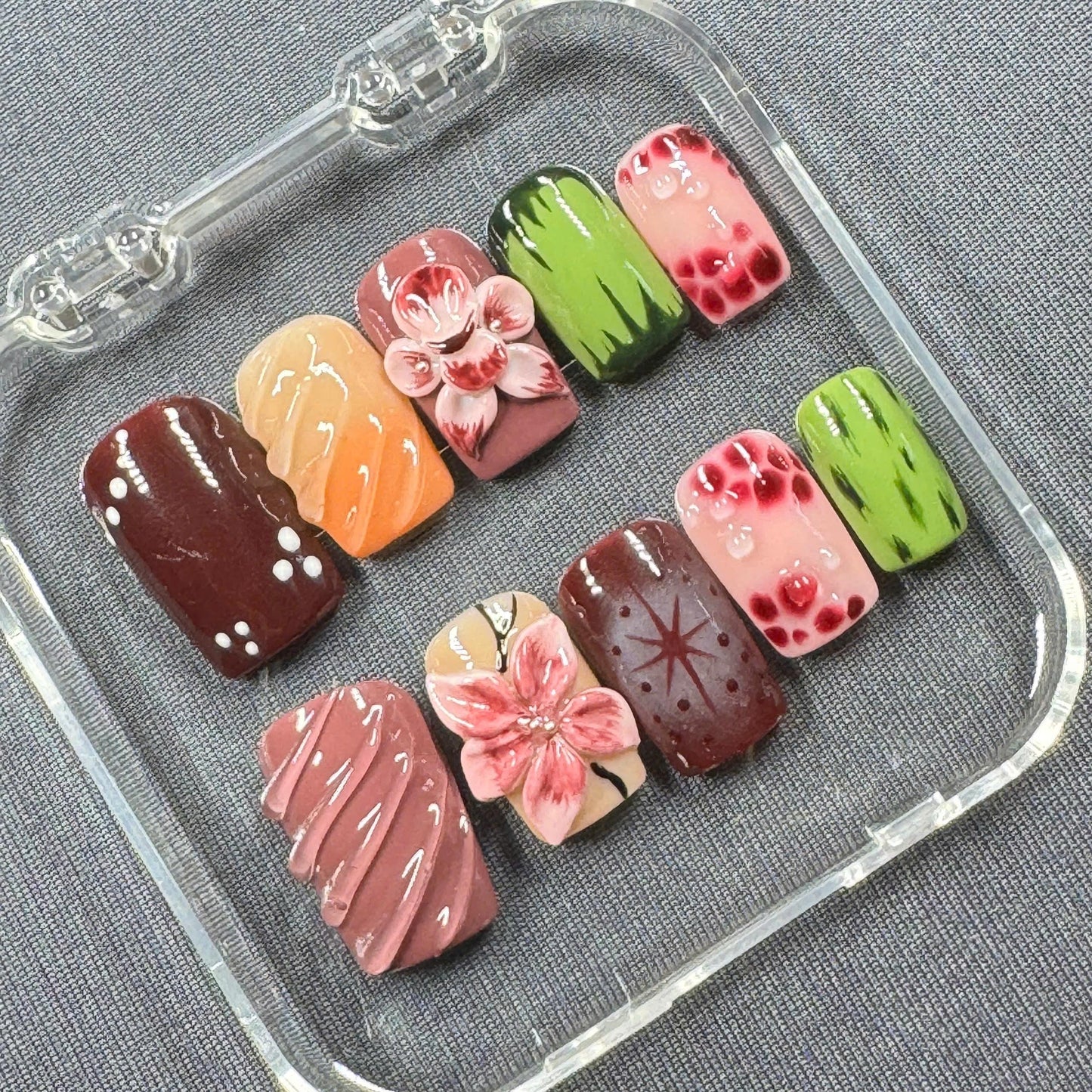 Fruit Garden Press-On Nails – 3D Flowers with Strawberry and Cactus Art in Bold Summer Colors | Handmade Nails for Nature Lovers