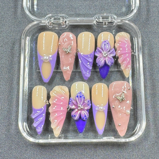 Lavender Whimsy Press On Nails – 3D Flowers, Butterflies & Pearls in Pastel Pink and Purple | Gift for Her